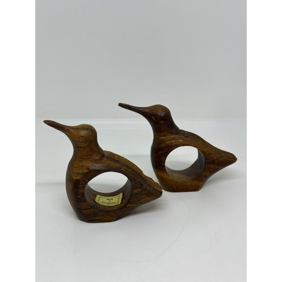 VTG Handcrafted Wooden Duck Napkin Rings Set 2 Made Philippines Rustic Decor - Picture 1 of 10